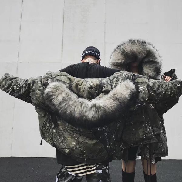 

19aw роскошь прилив бренда мужской зимний дизайнер куртки мужские с капюшоном пуховик свободную ветвь личности печать теплый меховой воротни, Black