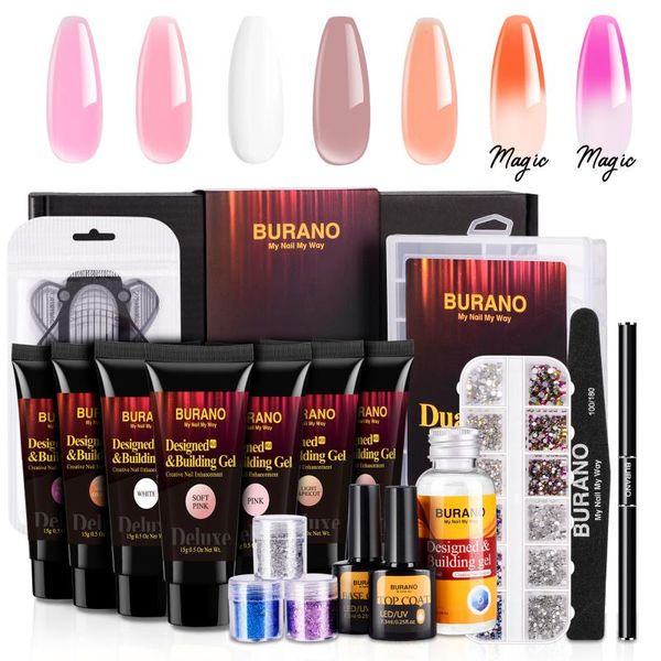 

burano deluxe poly nail gel starter kit with 7 color builder gel, 3 boxes glitter nail sequins, ab crystal rhinestones, temperature color