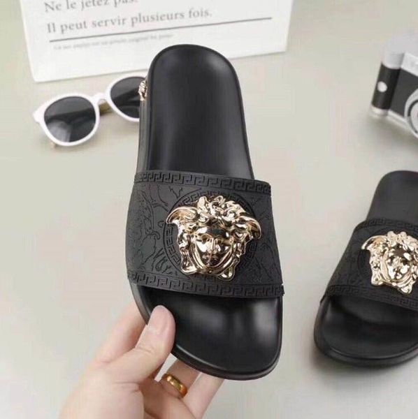 

with box gold silver men and women models slippers designer luxury beach slippers summer flat sandals slippers ladies designer slide, Black
