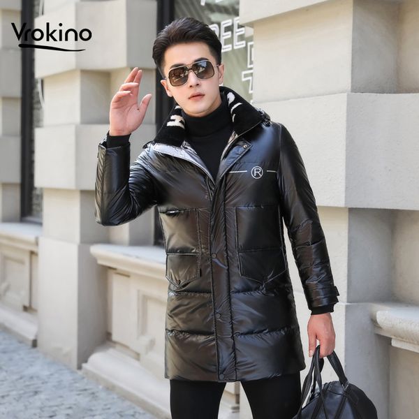 

vrokino brand 2019 autumn and winter new style down jacket male long section men's thick warm hooded down jacket youth coat, Black