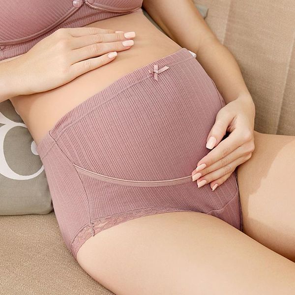 

women's panties okwish high-waist solid stripe seamless soft care abdomen underwear intimates pregnant lace trim, Black;pink