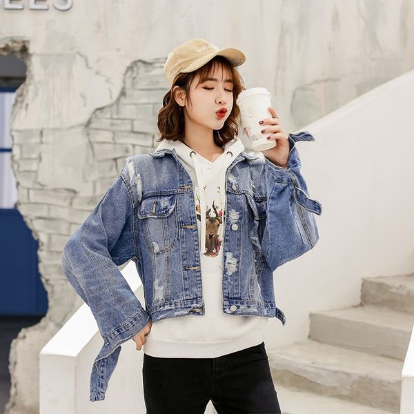 

2019 new vintage letter print frayed jean jacket women autumn winter ripped hole denim coat female bomber jackets casaco, Black;brown
