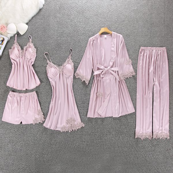 

women pajamas 5 pieces satin sleepwear pijama silk home wear home clothing embroidery sleep lounge pyjama with chest pads, White