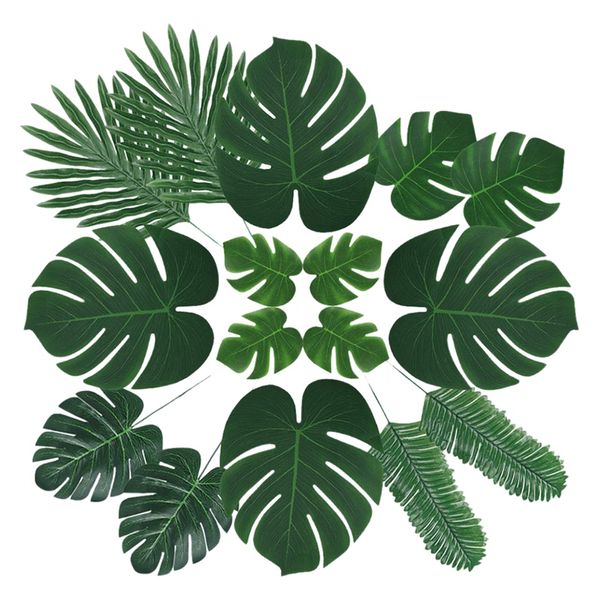 

60 pcs 6 kinds artificial palm leaves with faux monstera leaves stems tropical plant for hawaiian luau party table leave decorat