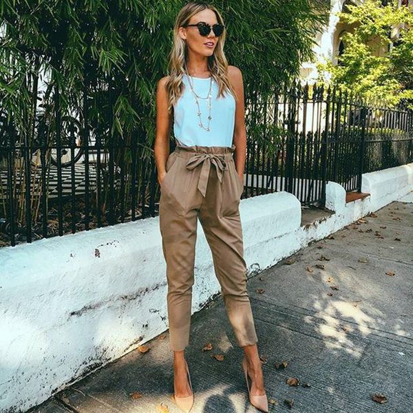 

2019 women fashion chiffon high waist harem pants bow tie drawstring sweet elastic waist pockets casual trousers, Black;white