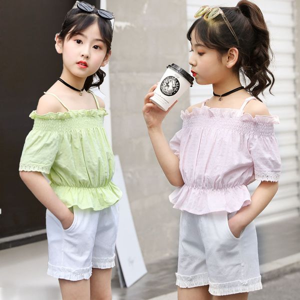 

3 6 8 10 12 14 fashion toddler girl clothes off-shoulder strap crop short pants 2pcs outfits summer children clothes, White