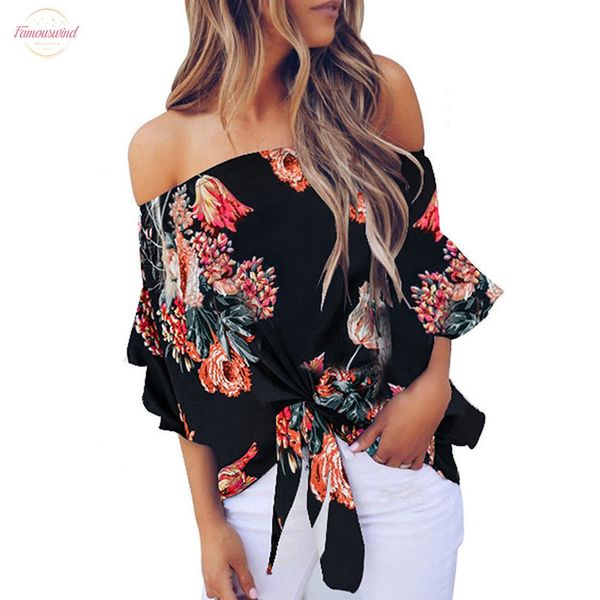 

women blouse slash neck tie knot floral print summer off shoulder casual shirts ladies fashion clothes blusas de mujer, White