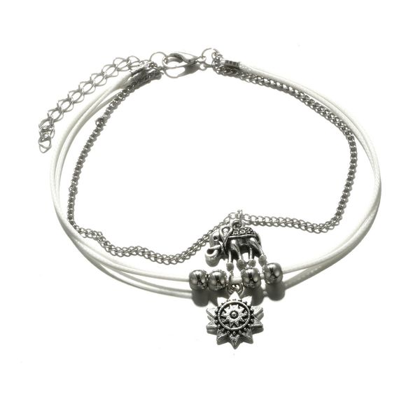 

bohemian alloy animal foot ornament elephant sun multi-layer leather rope square bead chain anklet, Red;blue