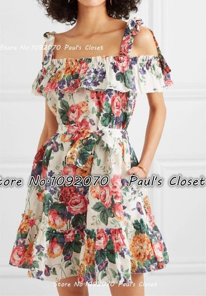 

women ties at shoulder ruffled floral print linen dress lilypaul, Black;gray