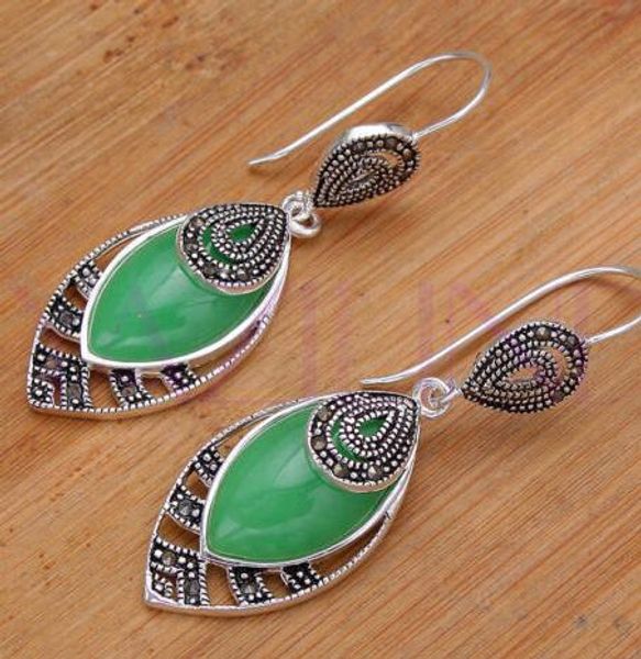 

venta al por mayor nuevo vintage verde jade natural gancho pendientes de las mujeres, Silver