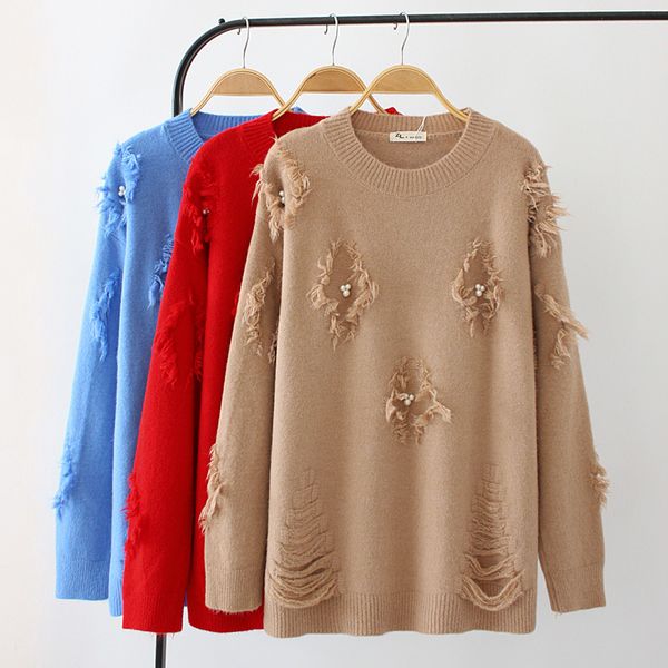 

plus size casual sweaters 2019 autumn women fashion loose long sleeve beading knitting pullovers d1-z19037, White;black