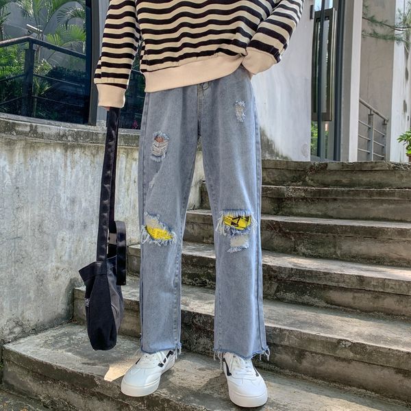 

plus size women jeans patchwork casual straight denim pants hole ripped cowboy straight full length trousers boyfriend jeans, Blue