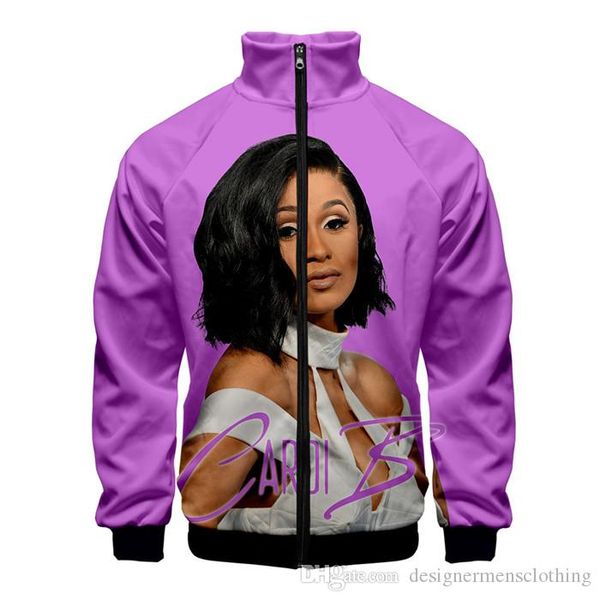 

cardi b 3d печати личность zipper sweaahirts женщин людей unisex стенд воротник одежды мода cacual с длинным рукавом, Black