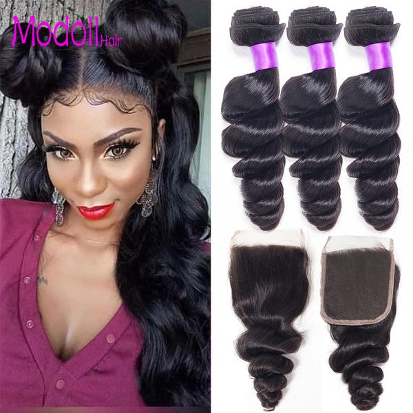 

peruvian loose wave 3 bundles human hair with lace closure 4*4 middle part natural color loose wave remy virgin hair with closure, Black;brown