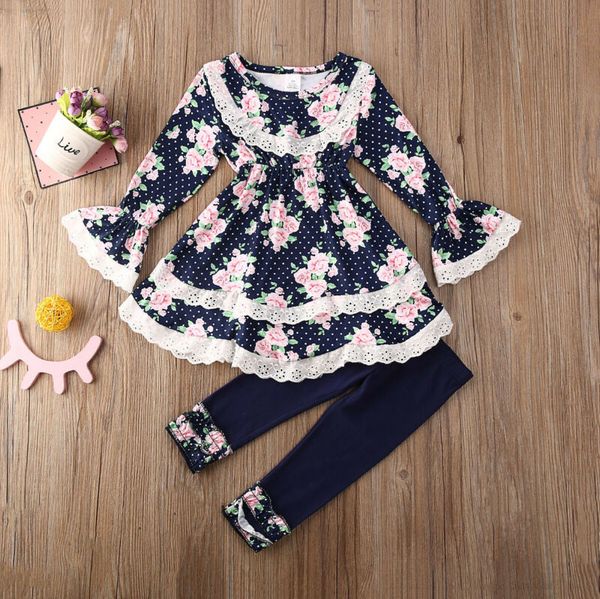 

2pcs floral flower kids baby girl cloth outfits lace t-shirt long sleeve o neck dress+pants leggings set costume, White