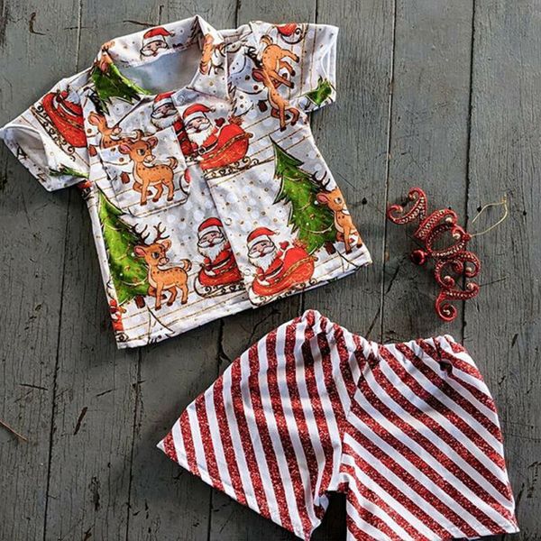 

christmas toddler baby boy clothes sets xmas deer santa claus clothes 2pcs print t-shirt +short stripe pants outfit 1-5y, White