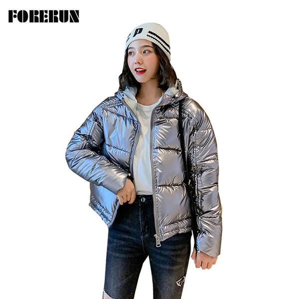

forerun bubble jacket women glossy silver hooded puffer coat casual winter jackets cotton padded parka manteau femme mujer 2019, Black
