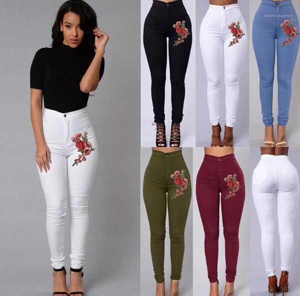 

famale casual jeans womens floral embroidered jeans solid color slim high waist candy color pencil pants, Blue