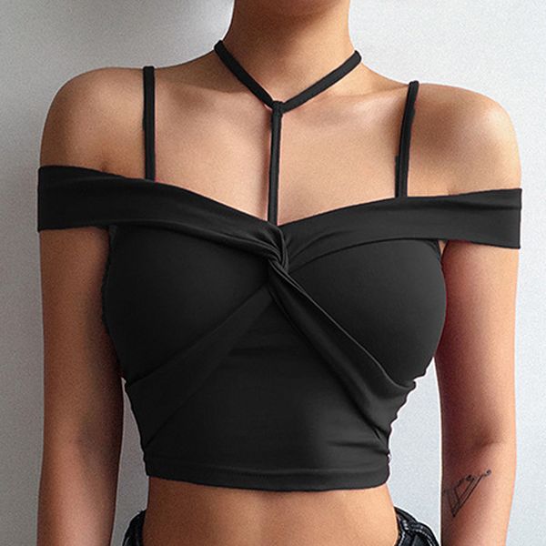 

solid color sleeveless skinny summer women halter strap crossed collar top, White