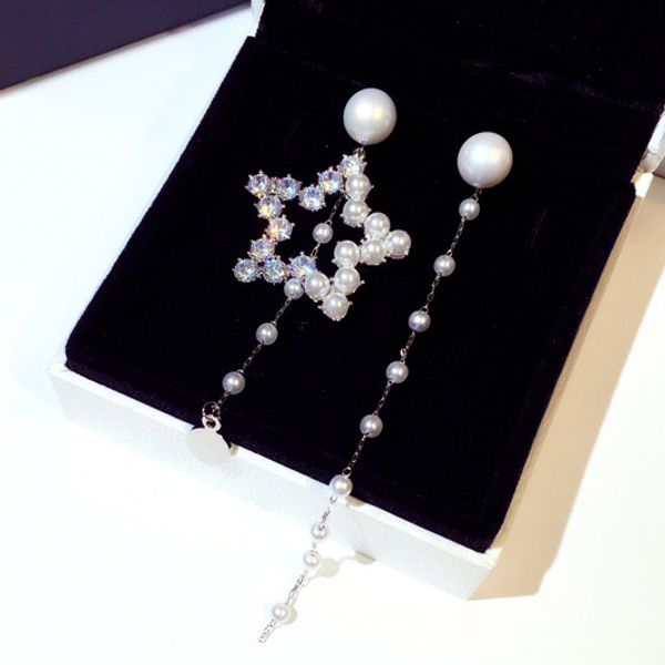 

new fashion designer luxury super glittering rhinestone cute star pearl long dangle chandelier stud earrings jewelry for woman girls, Golden;silver