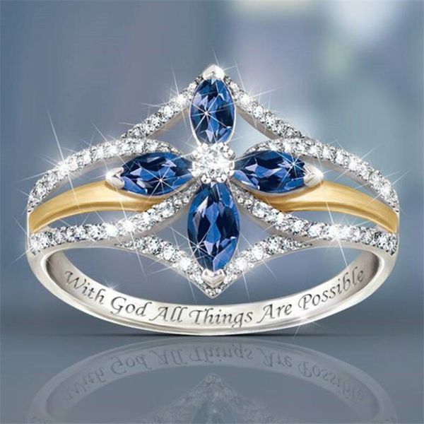 Anello di vendita calda per le donne Gioielli di moda vintage Argento sterling 925 Anello con croce di fidanzamento per le donne con diamanti in cristallo di zaffiro blu