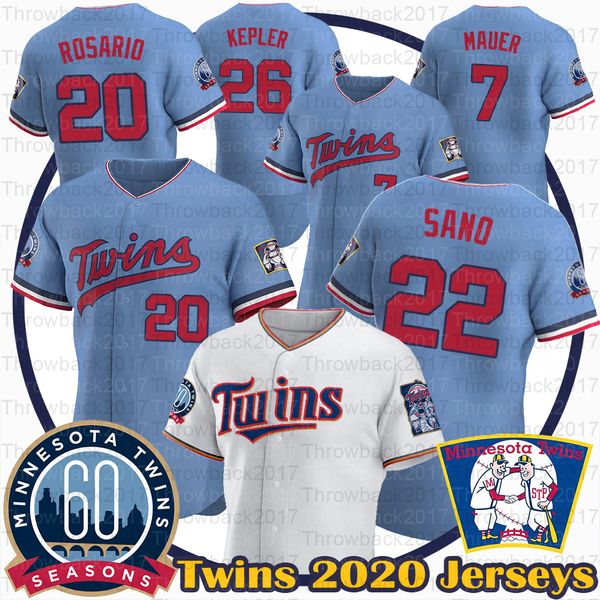 

2020 season twins jerseys 20 eddie rosario byron buxton max kepler jose berrios nelson cruz miguel sano joe mauer minnesota new uniform, Blue;black