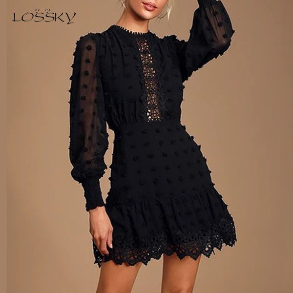 

lossky dress women fashion summer autumn long sleeve dress short black see through mini clothes vestido elegant feminino, Black;pink