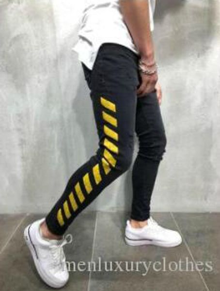 

mens brand designer jeans black yellow striped white pencil ripped jeans slim fit street jeans, Blue
