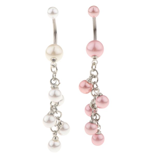 

14g stainless steel long dangle belly button rings women girls curved navel barbell body jewelry piercing-simulated pearl decor, Slivery;golden