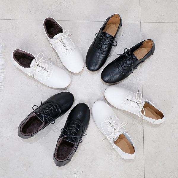

plus size women oxford shoes lace up casual shoes plush winter flats woman pu leather white black zapatos mujer 7881l