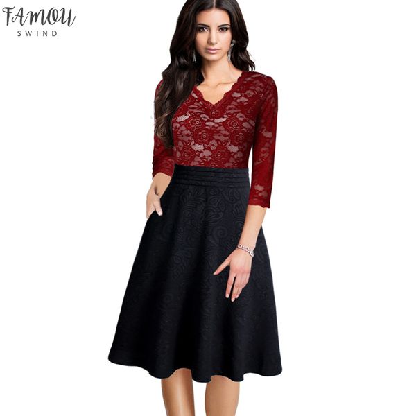 

womens vintage elegant see through flower lace dobby ruched pockets vestidos pinup business party flare a-line dress 396, Black;gray