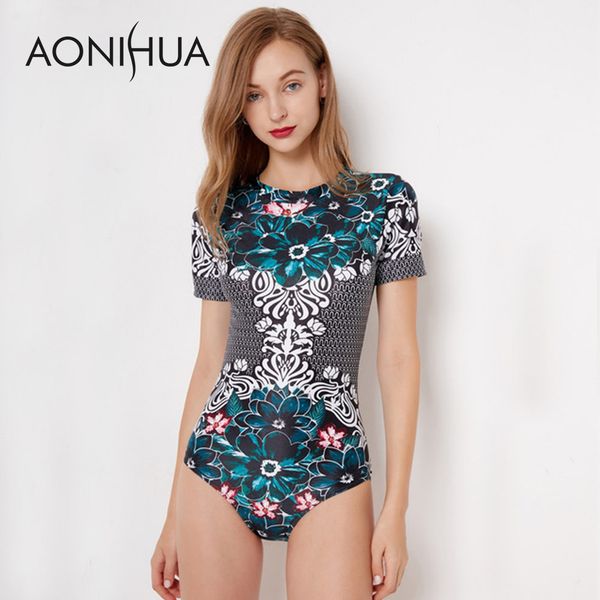 

aonihua one piece купальники женщины с коротким рукавом тонкий ретро зеленый печати цветочный пляж серфинг купальники zipper купальный костю, White;black