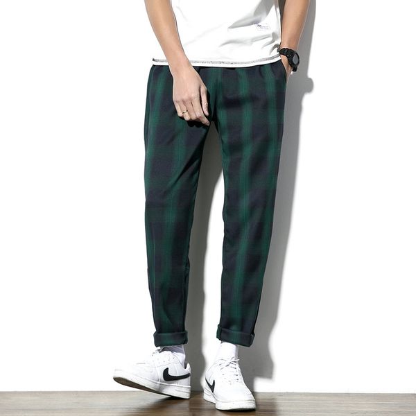 

plaid pant мужчины повседневная плед брюки мужчины женщины уличная мода хип-хоп шаровары эластичный пояс бегун спортивные брюки плюс размер, Black