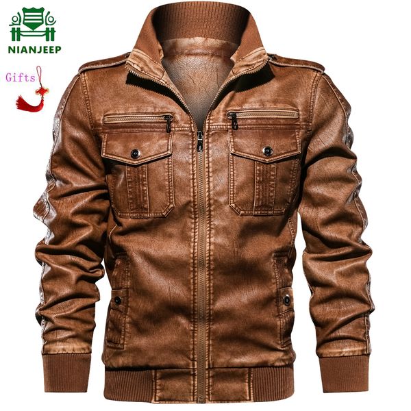 

ninajeep 2019 men brown black pu jacket casual army fitness leather coats bomber anti-leather jackets chinese knot