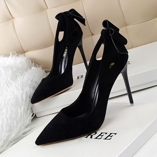 

5cm pumps sweet beauty high-heeled shoes with thin and high-heeled suede and shallow mouth pointed bow shoes, Black