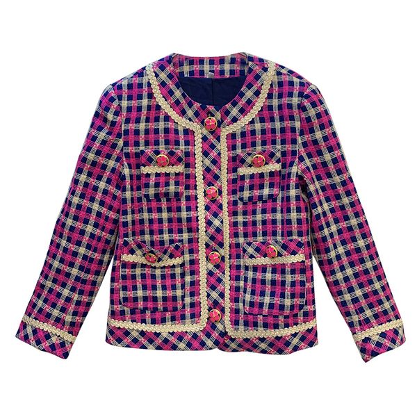 

brand fashion women's high-end luxury autumn winter slim blue color matching plaid woolen short jacket coat, Black;brown