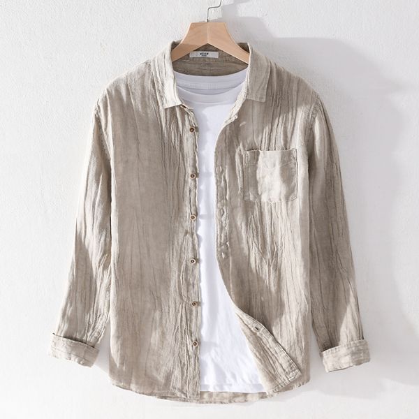 

suehaiwe's italy brand pure linen shirt men long-sleeved retro winkled breathable shirts for men casual solid shirt mens chemise, White;black