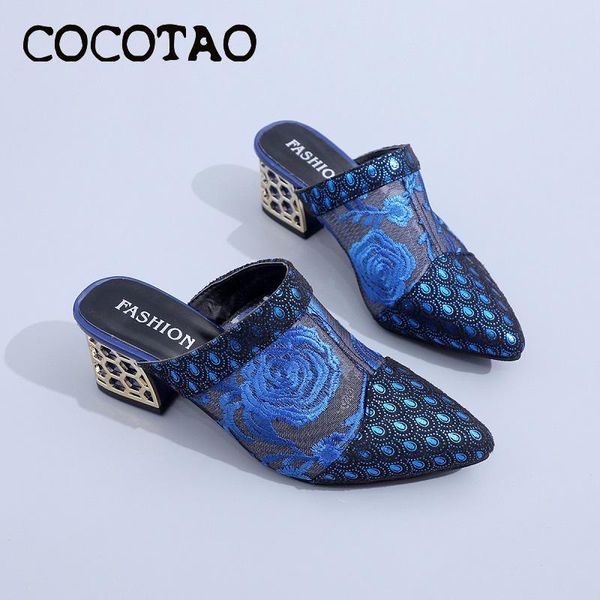

slippers pointed female summer 2021 korean ladies mesh embroidery fashion high-heeled sandals half drag wild, Black