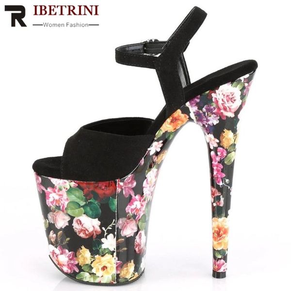

ribetrini women summer super high thin heels shoes women cool flower print platform sandals summer party sandals, Black