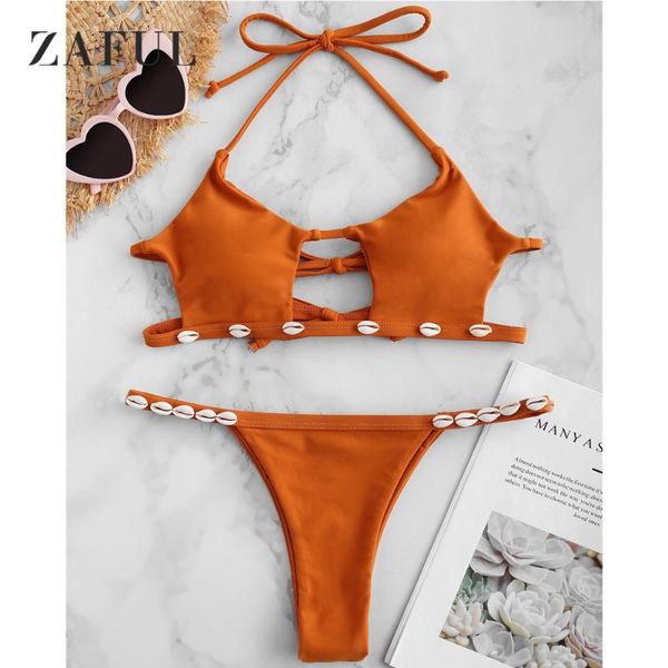 

zaful shell decorated halter bikini set women swimsuit swimwear bralette cut out bikini hollow out solid shell bathing suit