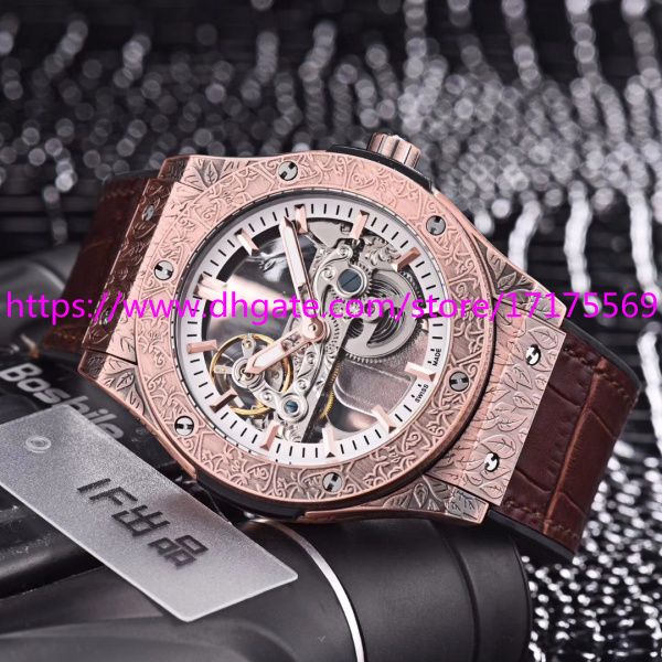 

45MM NEW Fashion luxury noble classic retro precision imported advanced automatic mechanical tourbillon hollow waterproof belt men's watch