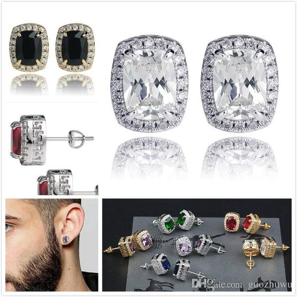 

luxury designer 18k gold blingbling colorful diamond stud earrings big square cubic zirconia earring studs hip hop jewelry for men and women, Golden;silver