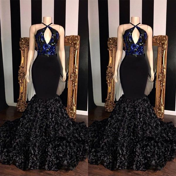 

long kehole neck mermaid prom reflective dresses 2019 v-neck sequin applique flowers african girl black backless evening gowns