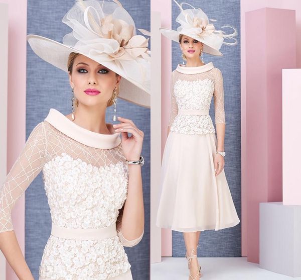 Hellrosa Kleider für die Brautmutter, Teelänge, Spitze, Übergröße, Hochzeitsgastkleid, A-Linie, Perlen-Abendkleider