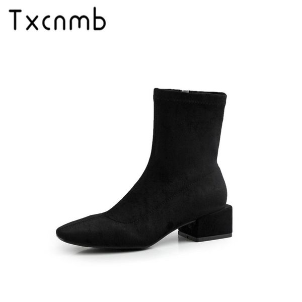 

txcnmb women suede leather mid-calf boots square heels zipper warm shoes woman winter motorcycle boots, Black