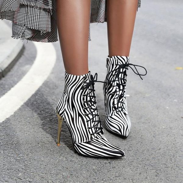 

ladies ankle rome boots high heel 10cm platform boots woman leopard shoes pointed toe zebra lace up large size 34-44, Black