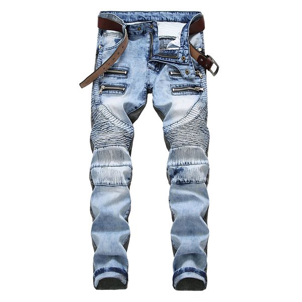 

men ripped jeans biker slim fit jeans pants fake zipper stretch fashion trousers hip hop new designer plus size 28-42, Blue