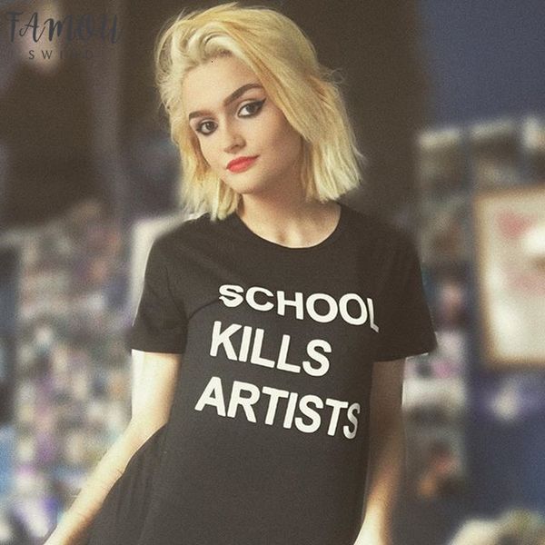 

school kills artists print aesthetics graphic tee women short sleeve street style cool t shirt grunge fashion black tumblr, White