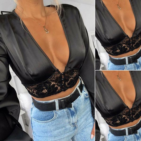 

new arrival women ladies autumn t shirt black lace patchwork long sleeve tee shirt casual v-neck t shirt t-shirt, White