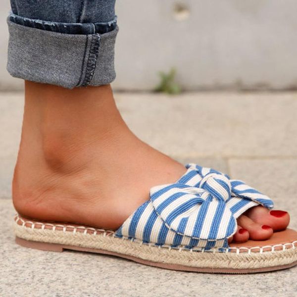 

fashion bow woven straw women's flip flops bohemian non-slip butterfly-knot women's summer footwear striped flip flops slipper, Black